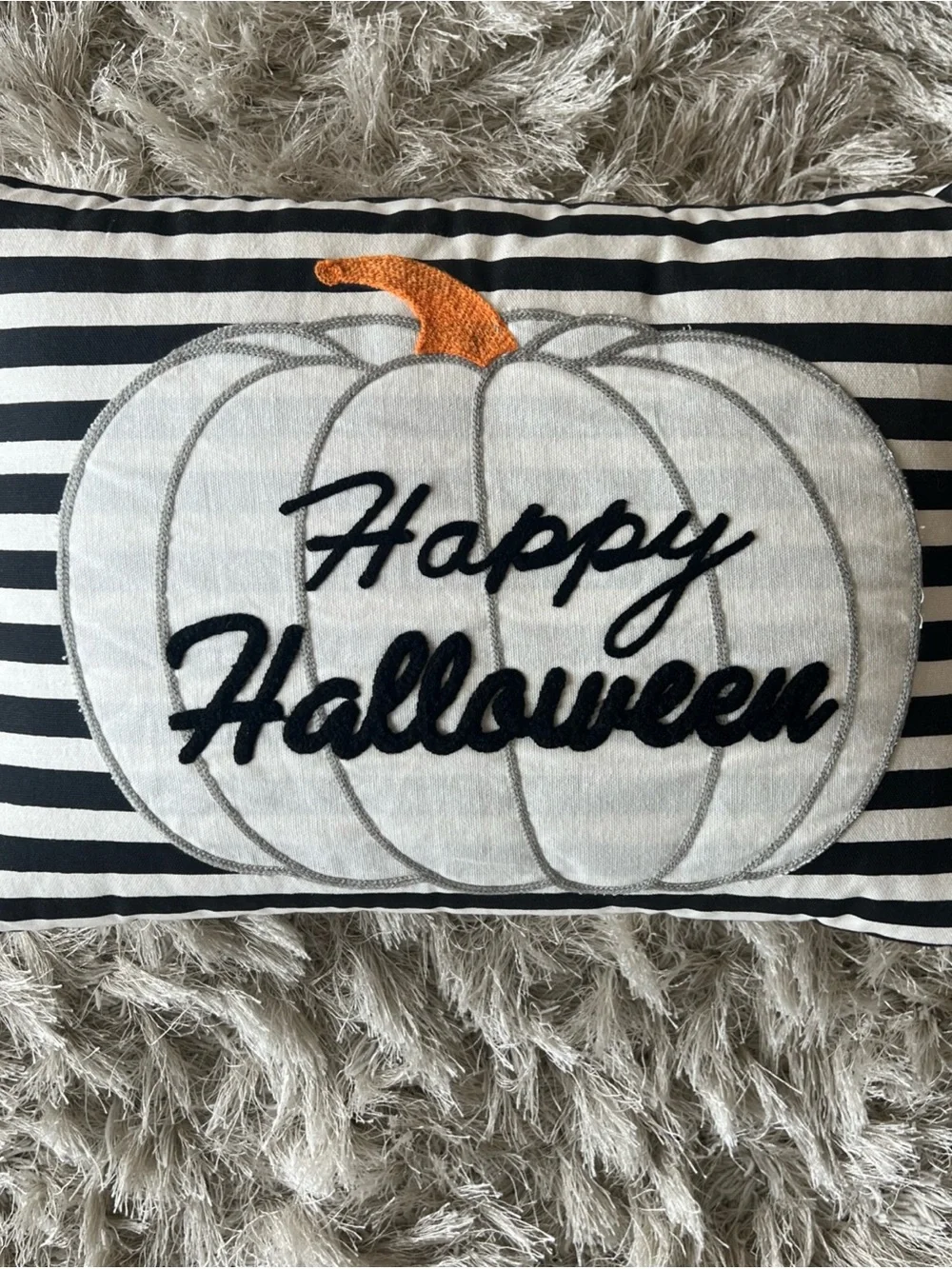 Happy Halloween White & Black Striped Decorative Pillow and Pumpkins
